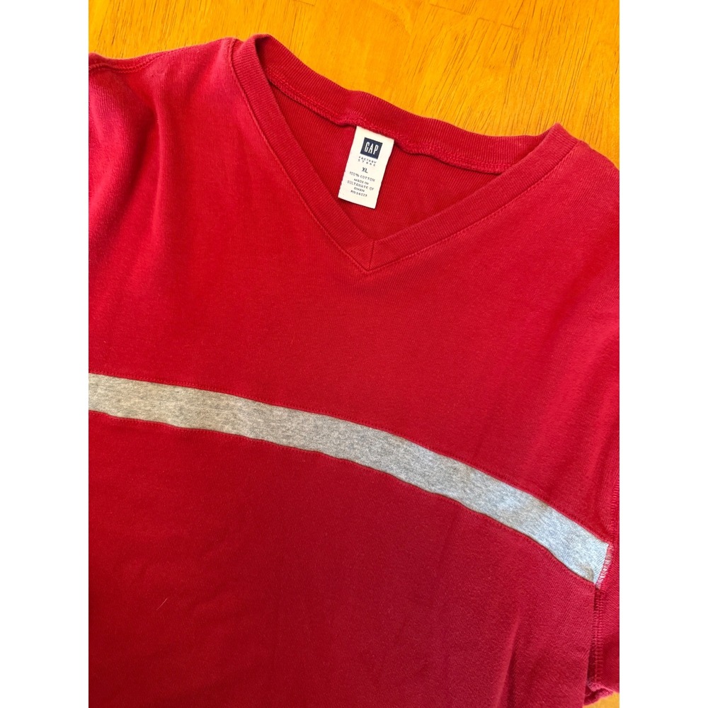 Gap Factory Mens XL Red Grey Stripe V-Neck Long Sleeve T-Shirt Y2K Cotton